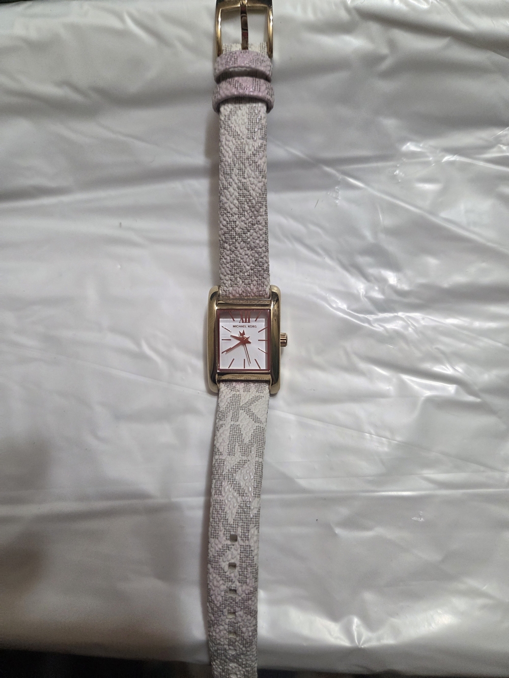Michael Kors Rose Gold Tone Square Dial Watch with Pale Pink Monogram Strap